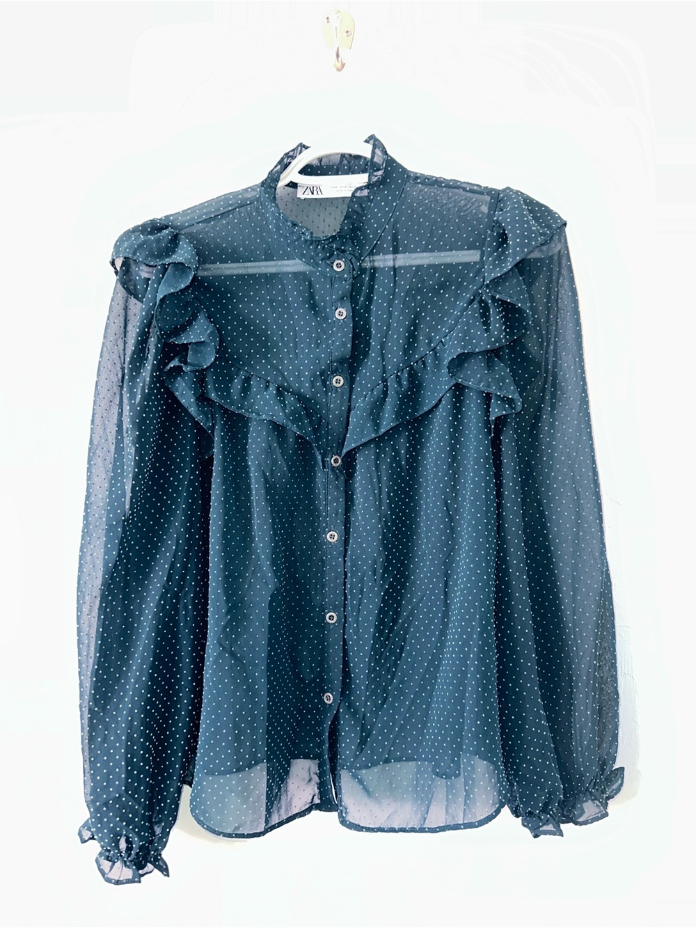 Vintage Zara Teal Swiss Dot Sheer Ruffle Blouse M